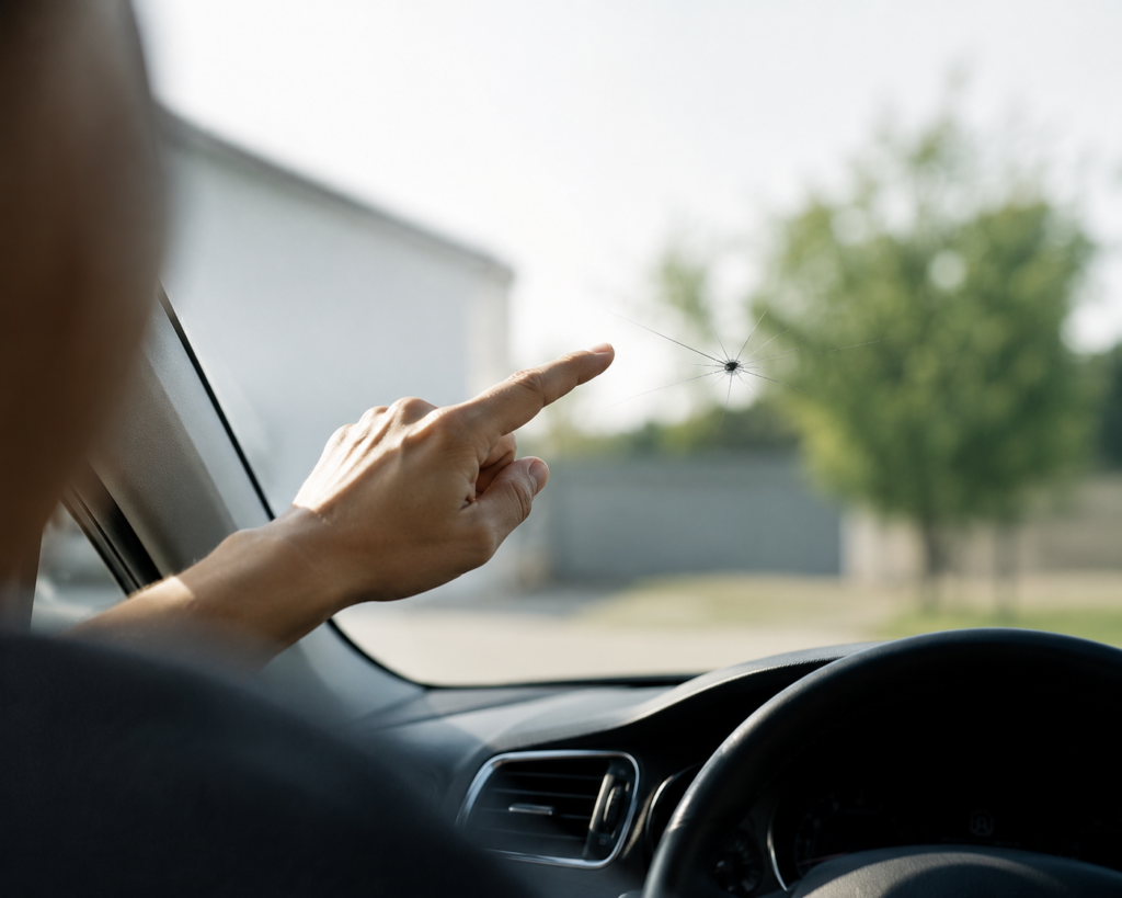 Close-up of a chipped windscreen being inspected to determine whether repair or replacement is needed.