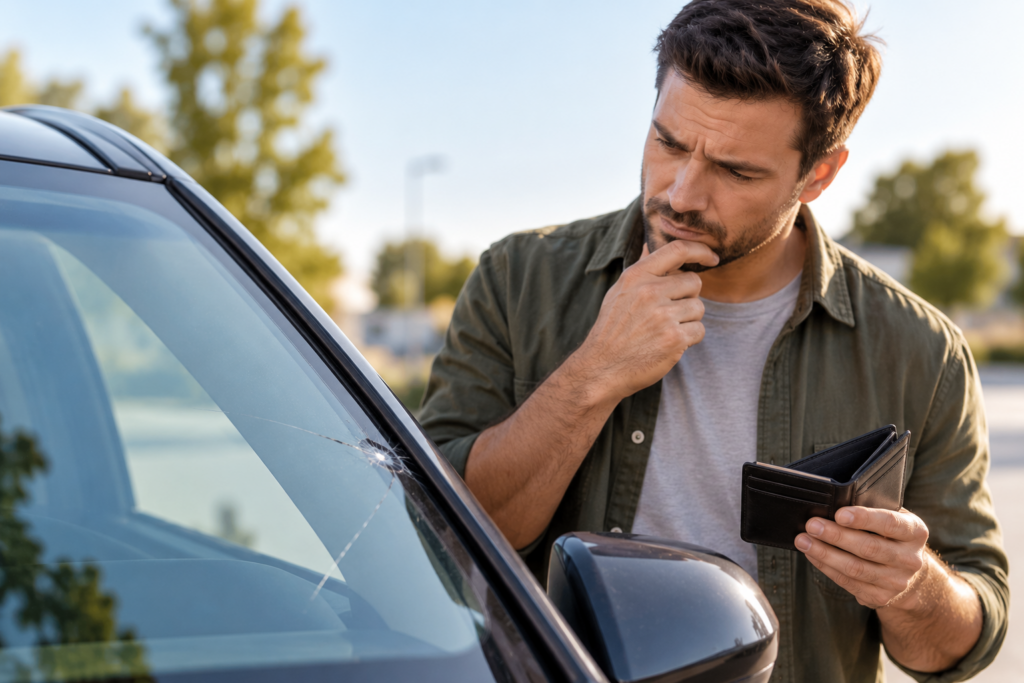 Driver inspecting windscreen damage near the edge of the glass while considering repair options