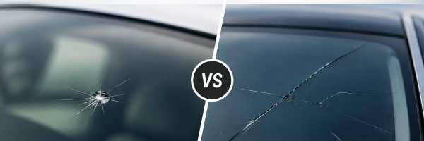 Comparison showing a repairable windscreen chip beside a cracked windscreen requiring replacement, illustrating when vehicle glass can be repaired versus replaced.