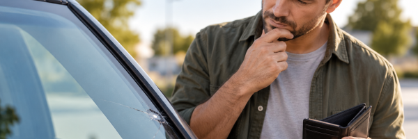 Driver inspecting windscreen damage near the edge of the glass while considering repair options
