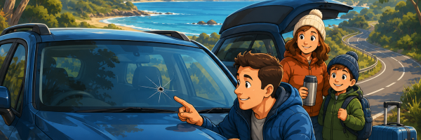 Family preparing for a Queensland road trip with a vehicle showing a small windscreen chip that should be inspected before travelling.
